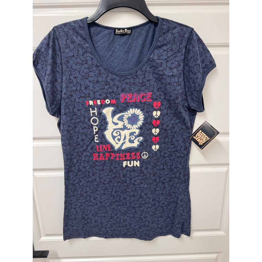 Lucky Brand Womens Navy Blue Graphic Love Peace Tee Shirt Size L NWT